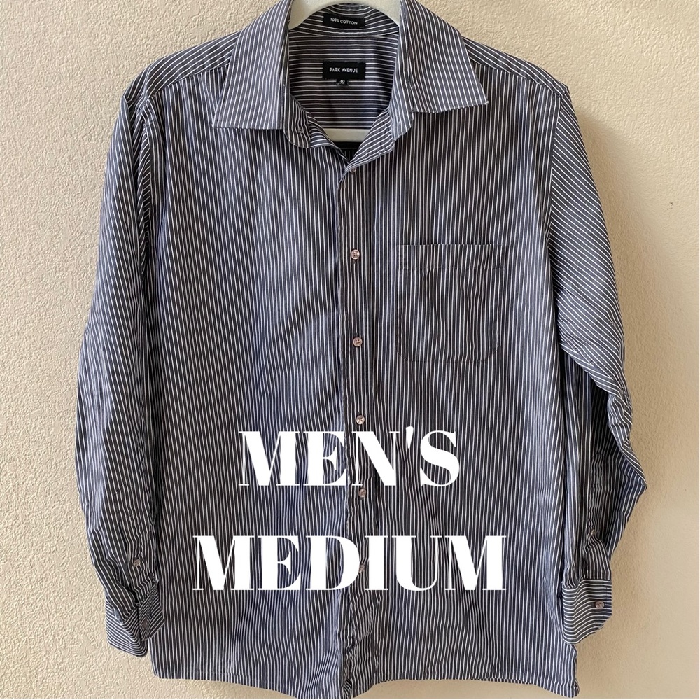 PARK AVENUE Men’s Medium Grey White Vertical Stripe Long Sleeve Dress Shirt